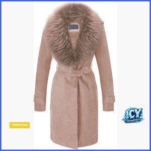Faux Leather Trench Coat with Fleece Lining and Detachable Fur Collar
